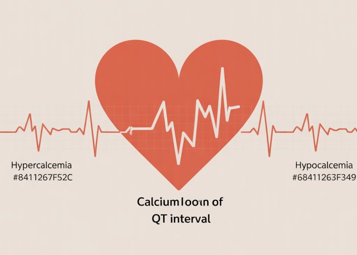 Infographic showing the link between calcium levels and QT interval prolongation/shortening, illustrating EKG strips for hypercalcemia, normal calcemia, and hypocalcemia.