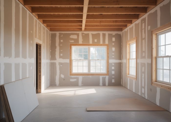 Image of a homeowner measuring sheetrock with a measuring tape, alongside stacks of sheetrock in a home renovation project.