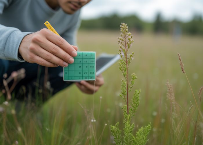 Researcher using a quadrat to calculate species richness in a meadow.