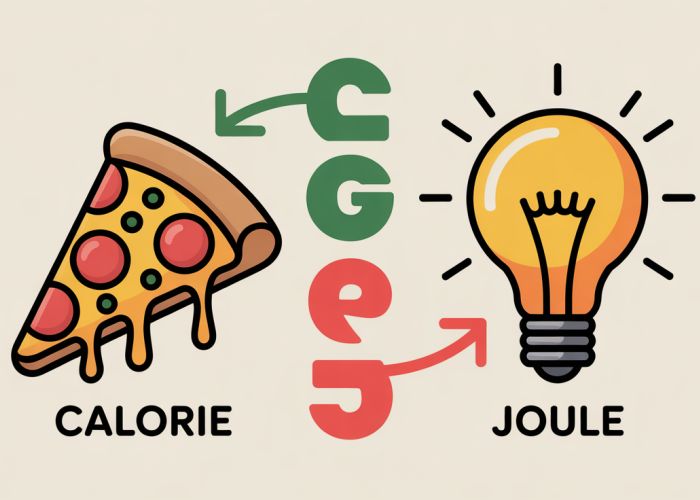 Illustration explaining the relationship between calories and joules, using a pizza slice and a light bulb as examples.