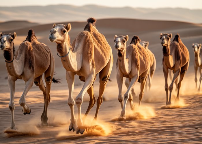 Herd of camels running at high speed across the Sahara Desert at sunrise