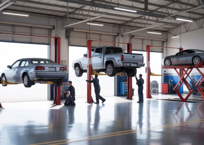 Variety of car lift types including two-post, four-post, and scissor lifts in a busy auto repair shop.