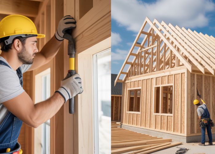 Carpenter working on detailed trim and a builder overseeing house framing, highlighting the differences between the trades.