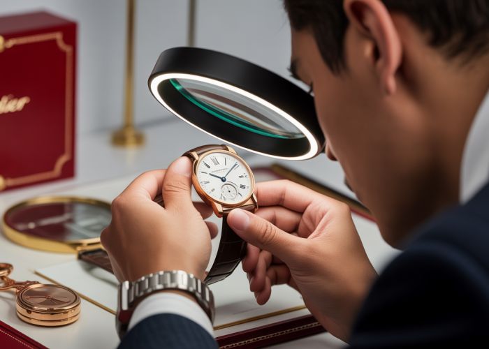 Close-up of a watchmaker authenticating a Cartier watch using a magnifying glass in a professional setting.