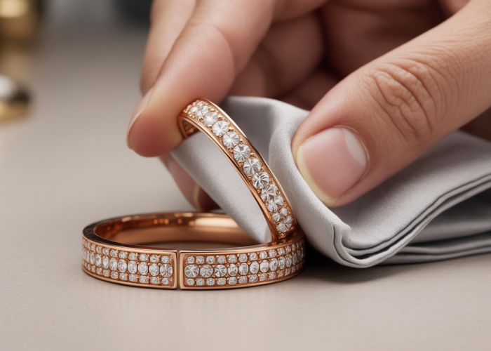 Carefully cleaning a Cartier Love bracelet with a soft cloth to maintain its sparkle.