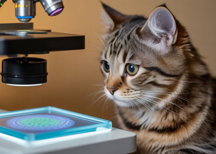 Tabby cat curiously examining a microscope slide showing a cell structure, highlighting the complexity of multicellular organisms.