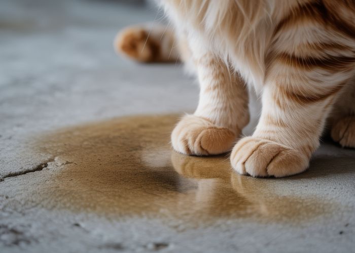 Cat urine stain on concrete floor showing discoloration and porous surface.