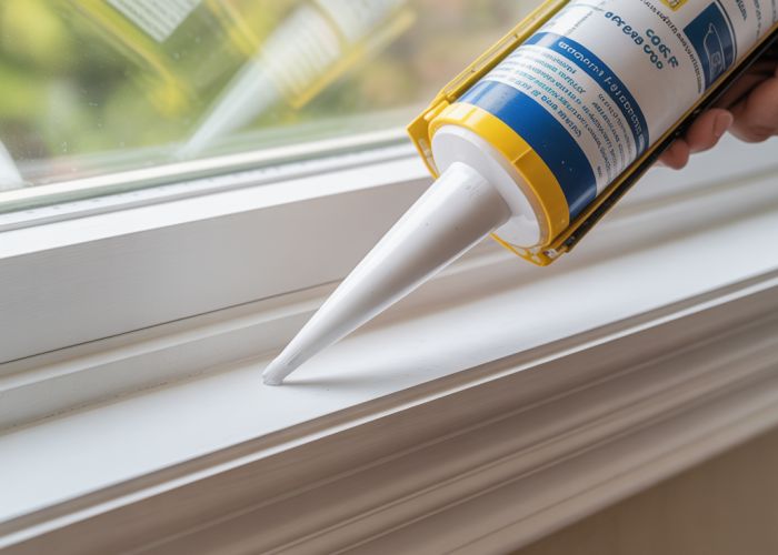 Applying white caulk to seal a gap between window trim and wall.