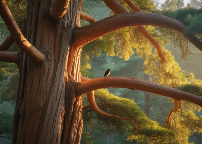 Majestic cedar tree in a forest, symbolizing strength and longevity.