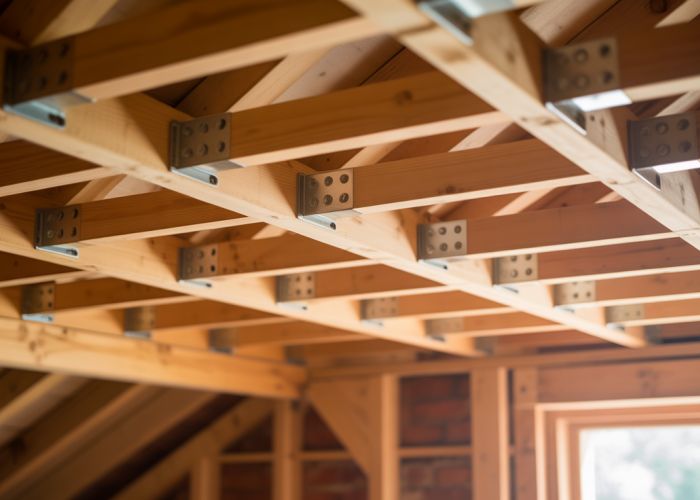 Properly installed ceiling joist bracing in an attic, showing correct spacing and attachment.