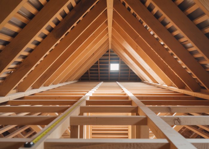 Close-up view of ceiling joists in an attic with a measuring tape showing the joist size for informational purposes.
