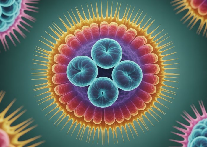 Illustration of cytokinesis, the final stage of cell division, showing the cleavage furrow forming between two daughter cells.