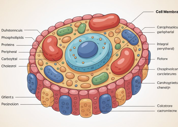 Illustration of a cell membrane showing phospholipids, proteins, carbohydrates, and cholesterol.