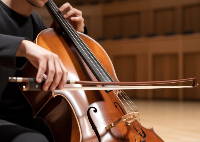 Cello player conveying sadness and introspection in D minor