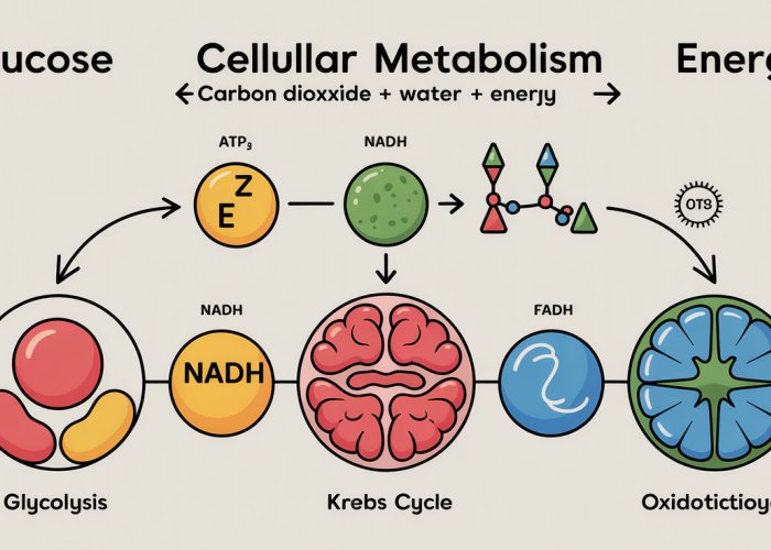 Diagram illustrating the cellular metabolism equation: Glucose plus Oxygen yields Carbon Dioxide plus Water plus Energy (ATP). The diagram highlights glycolysis, the Krebs cycle, and oxidative phosphorylation.