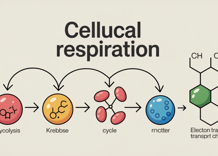 Diagram showing the formula for cellular respiration, including glucose, oxygen, carbon dioxide, water, and ATP.