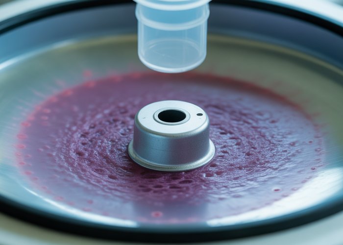 Cell pellet at the bottom of a centrifuge tube, formed by sedimented cellular debris after centrifugation.