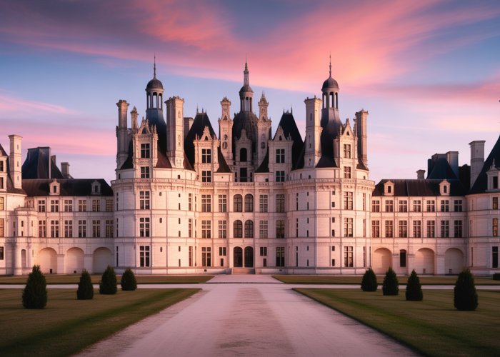 Chateau de Chambord, a stunning example of French Renaissance architecture, bathed in the golden light of sunset.