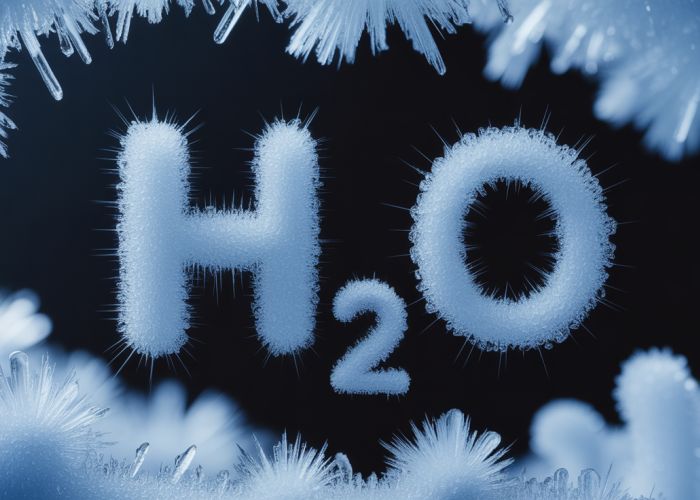 Close-up image of ice crystals with the chemical formula H2O subtly displayed.