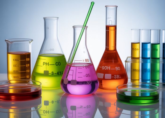 Chemical indicators in solution demonstrating different colors at varying pH levels. Example indicators include phenolphthalein, methyl orange, and bromothymol blue.