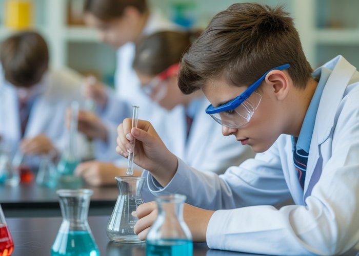 Student conducting a chemistry experiment for their Internal Assessment in a school lab, surrounded by glassware and chemicals.