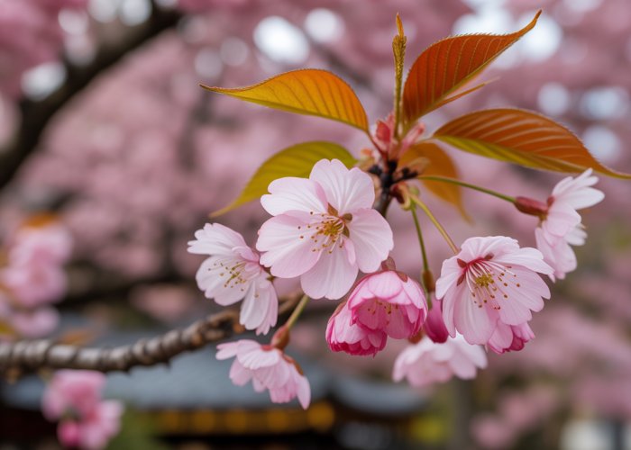 Close-up of pink cherry blossoms in a Japanese garden, symbolizing renewal and the transient beauty of life.