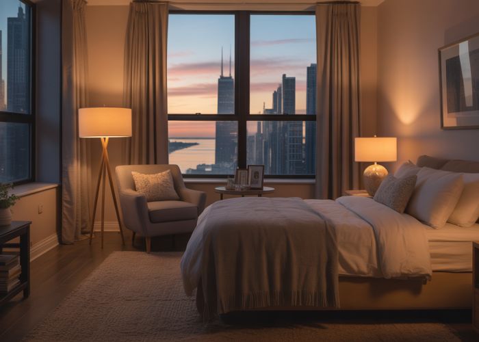 A peacefully lit room in Chicago, representing the tranquility of 'Quiet Hours.'
