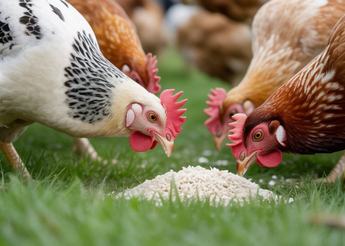 Free-range chickens pecking at white rice on a green lawn.
