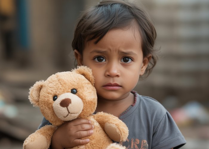 Young child with teddy bear looks hopefully at the camera, illustrating the use of pathos in advertising to evoke empathy and support.