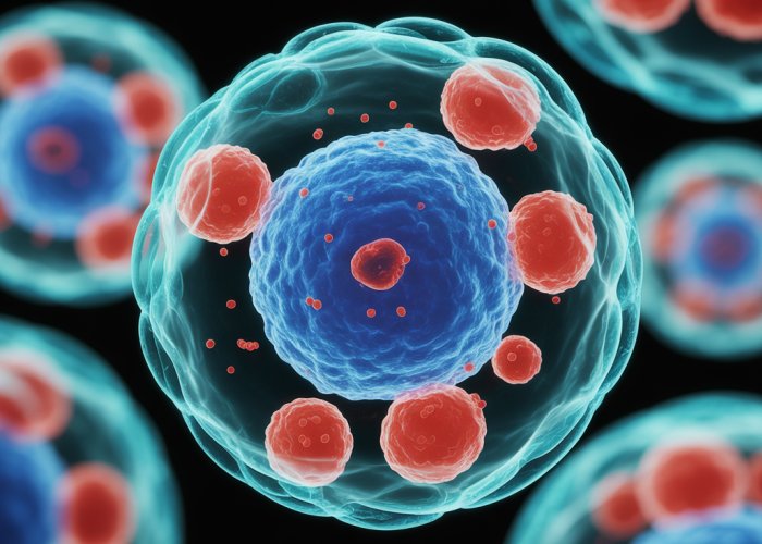 Microscopic image of Chlamydia trachomatis bacteria inside a human cell, highlighting the characteristic red chlamydial inclusions.
