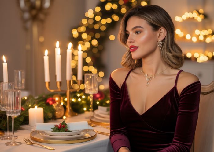 Woman wearing a velvet dress at a Christmas dinner table.