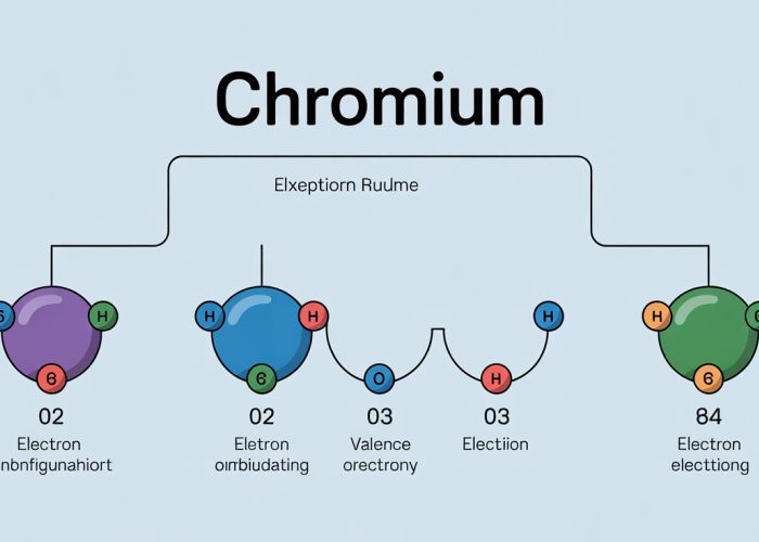 Infographic explaining the electron configuration of Chromium, highlighting its valence electrons and the reason for its unique stability.