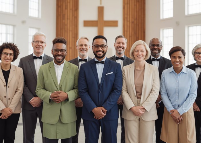 Diverse church leaders standing together in a modern church, symbolizing collaboration and unity.