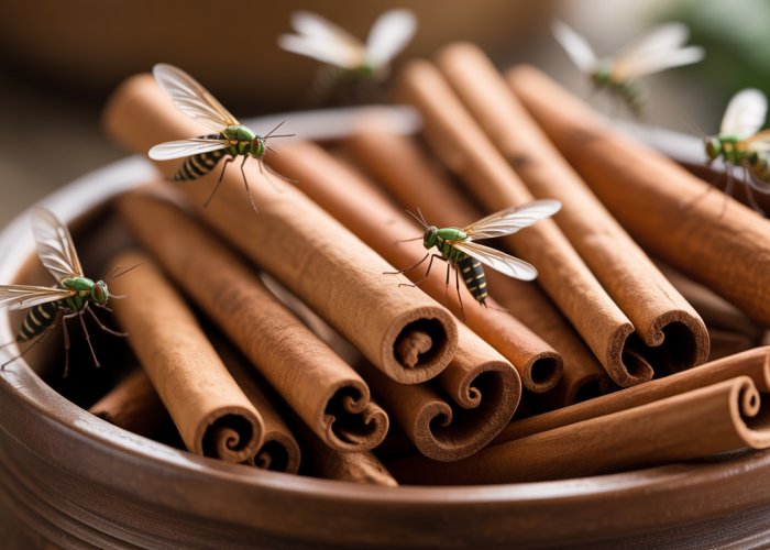 Gnats buzzing around a bowl of cinnamon sticks, highlighting a natural pest control method.