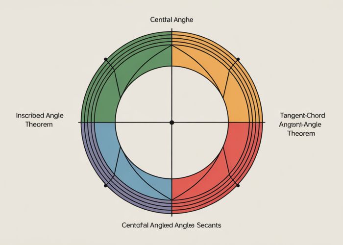 Diagram explaining circle angles: inscribed, central, tangent-chord, and secant angles.