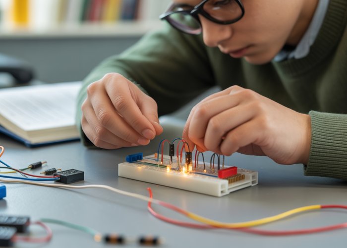 Student working on a circuits project with wires, resistors, and a breadboard, searching for circuits gizmo answers.