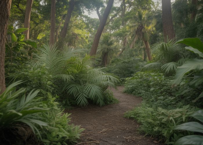 Lush, diverse forest representing a climax community with various plant species and a stable ecosystem.