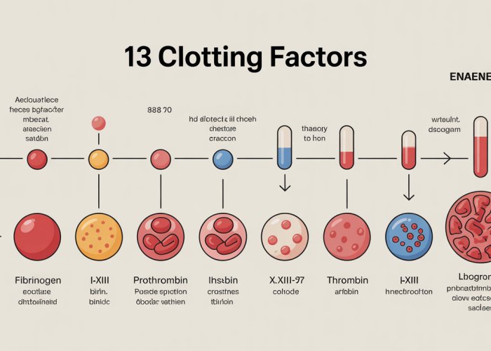 Diagram of the coagulation cascade showing the 13 clotting factors and their interactions leading to blood clot formation.