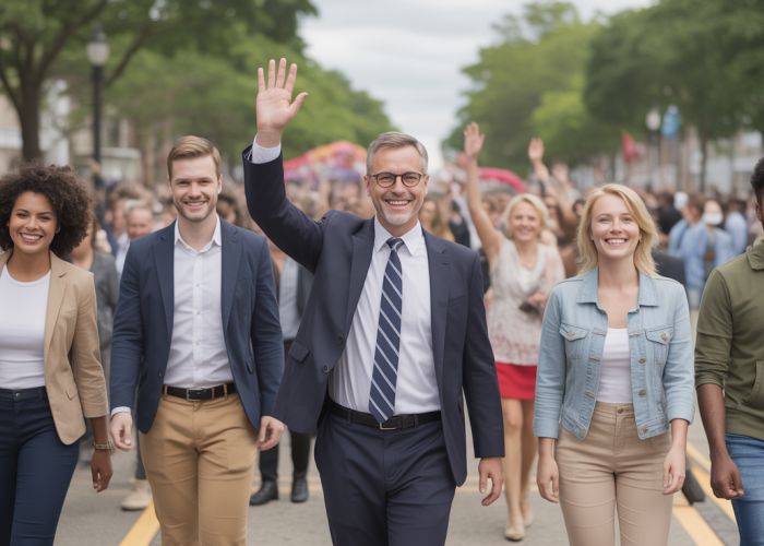 Diverse group of people walking in a parade, symbolizing the coattail effect in politics or marketing.