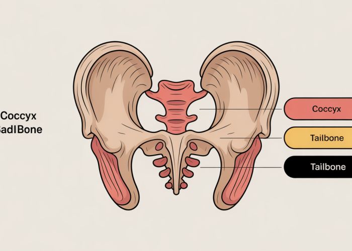 Anatomical diagram of the coccyx bone with audio pronunciation buttons for 'coccyx' and 'tailbone'. The coccyx is located at the base of the spine below the sacrum.