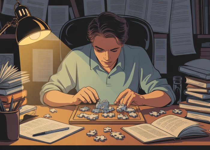 Person intensely focused on solving a complex puzzle, representing cognitive processes at work.