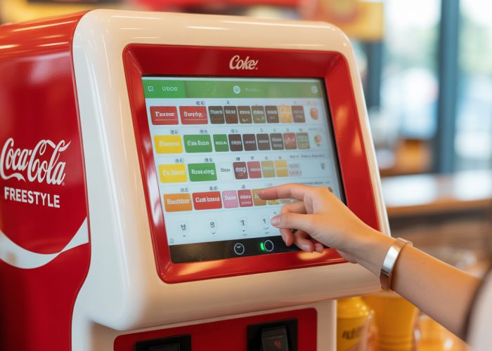 Close-up of a Coke Freestyle machine with a variety of drink flavors to choose from.