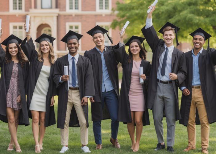 Diverse group of college graduates in stylish graduation attire celebrating on campus.