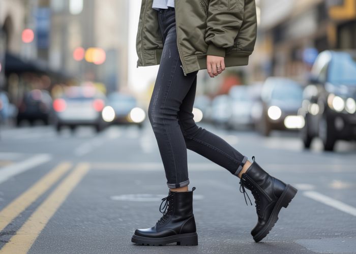 Woman walking in city wearing dark wash jeans and black leather combat boots