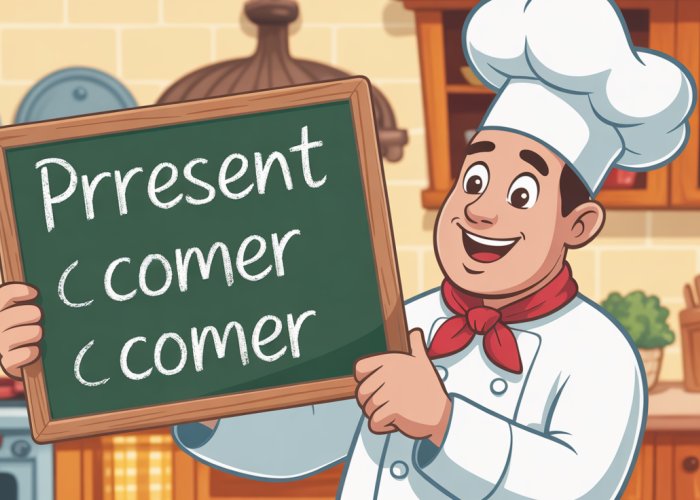 Spanish verb 'comer' present tense conjugation with chef illustration.
