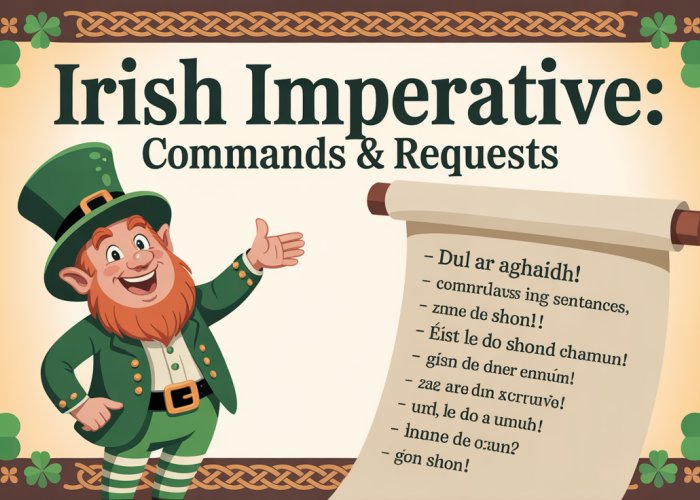 Infographic explaining the command form (imperative mood) in Irish grammar with examples.