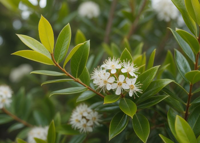 Close-up of a common myrtle shrub with white flowers and glossy green leaves.