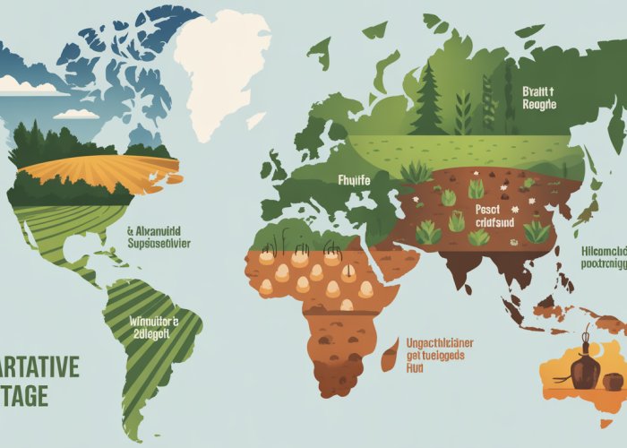 Infographic explaining comparative advantage in agriculture using examples of different regions specializing in specific crops due to climate, resources, and labor.