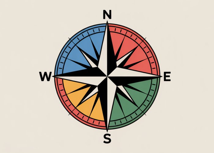 Compass rose showing cardinal (North, South, East, West) and intermediate (Northeast, Southeast, Southwest, Northwest) directions.