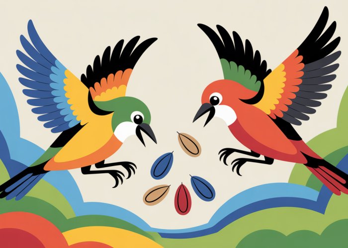 Two birds competing for seeds illustrates the competitive exclusion principle in ecology.